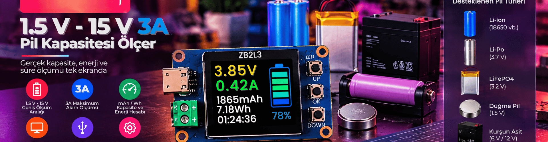ZB2L3 1.5 V - 15 V 3A Pil Kapasitesi Ölçer